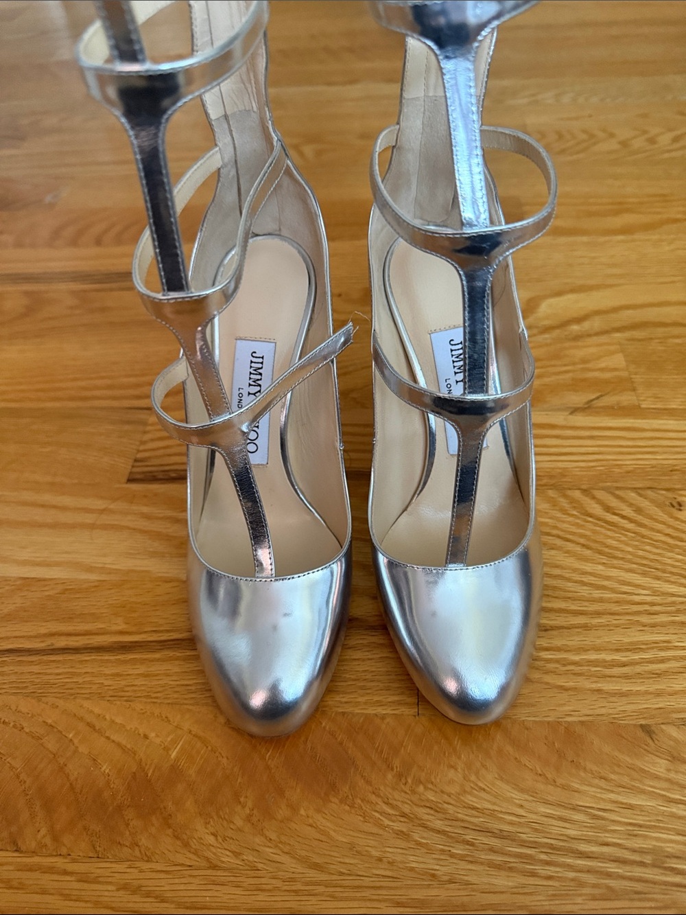 Jimmy Choo Silver Metallic T-Strap Heels with defects